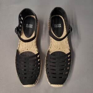 Eileen Fisher Shoes Womens 7 Black Tumbled Nubuck Bijou Espadrille Sandals NEW